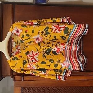 Chenault | Colorful V-neck Dolman Sleeve Floral Print Blouwe with Stripes - XL